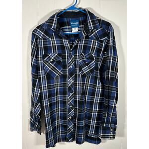 Wrangler Western Shirt Flannel Men’s Large Tall Vintage Blue Plaid Pearl Snap